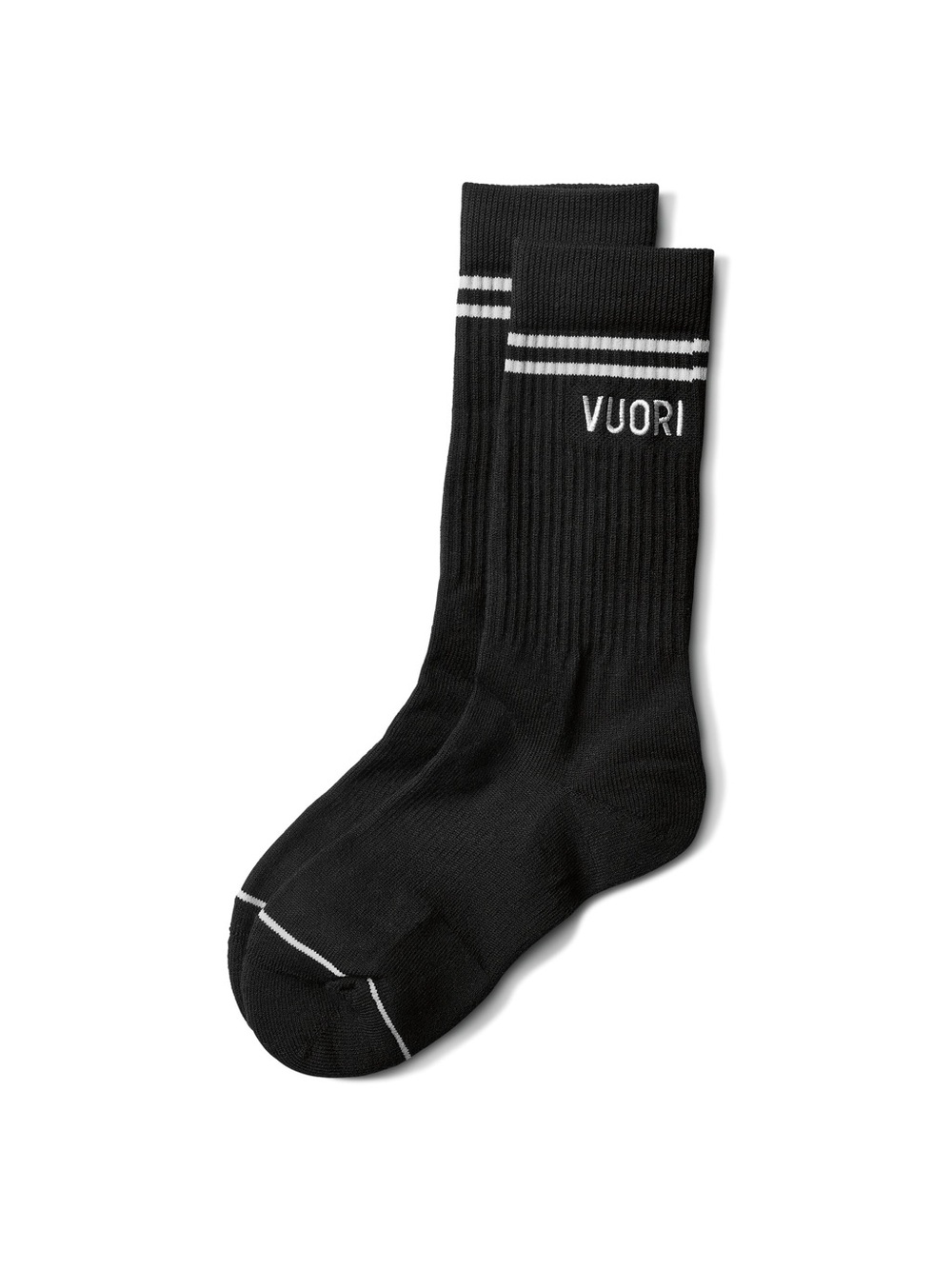 Vuori Black Crew Socks with White Stripe Accents